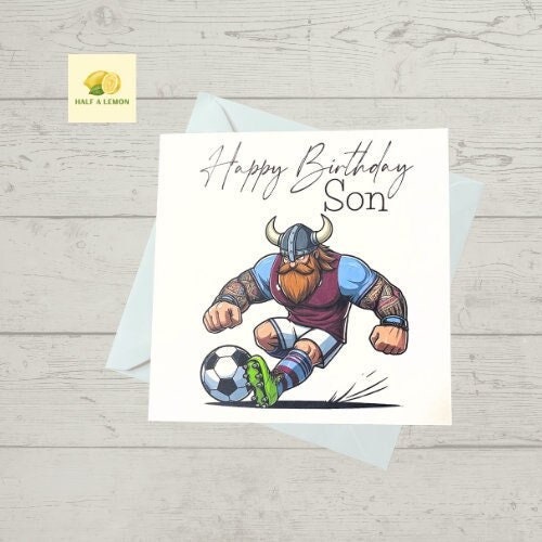 Birthday card, Birthday card for Son, Son Birthday card, Football card, Purple shirt with blue sleeves and white shorts, team colours