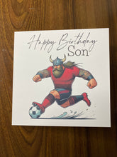 Load image into Gallery viewer, Birthday card, Birthday card for Son, Son Birthday card, Football card, Red shirt with black stripes on shoulder, black shorts, team colours
