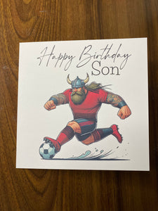 Birthday card, Birthday card for Son, Son Birthday card, Football card, Red shirt with black stripes on shoulder, black shorts, team colours