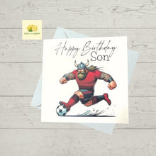 Load image into Gallery viewer, Birthday card, Birthday card for Son, Son Birthday card, Football card, Red shirt with black stripes on shoulder, black shorts, team colours
