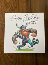 Load image into Gallery viewer, Son Birthday card, Birthday card for Son, Birthday card, Football card, Black and white strip shirt and black shorts, team colours
