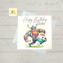 Load image into Gallery viewer, Son Birthday card, Birthday card for Son, Birthday card, Football card, Black and white strip shirt and black shorts, team colours
