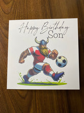 Load image into Gallery viewer, Son Birthday card, Birthday card for Son, Birthday card, Football card, Red shirt with white sleeves, white shorts, kit colours,
