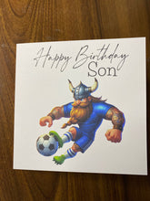 Load image into Gallery viewer, Son Birthday card, Birthday card for Son, Birthday card, Football card, Blue shirt, blue shorts with white socks, kit colours,
