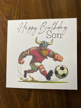 Load image into Gallery viewer, Son Birthday card, Birthday card for Son, Birthday card, Football card, Red shirt, white shorts with red socks, kit colours,
