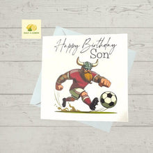 Load image into Gallery viewer, Son Birthday card, Birthday card for Son, Birthday card, Football card, Red shirt, white shorts with red socks, kit colours,
