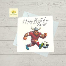 Load image into Gallery viewer, Son Birthday card, Birthday card for Son, Birthday card, Football card, Red shirt, red shorts with red socks, kit colours, Northern team
