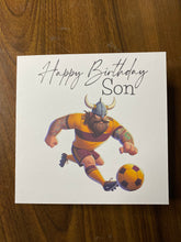 Load image into Gallery viewer, Son Birthday card, Birthday card for Son, Birthday card, Football card, Yellow shirt, red shorts with yellow socks, kit colours, Scottish
