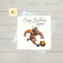 Load image into Gallery viewer, Son Birthday card, Birthday card for Son, Birthday card, Football card, Yellow shirt, red shorts with yellow socks, kit colours, Scottish
