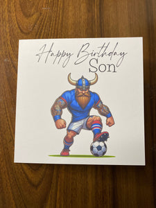 Son Birthday card, Birthday card for Son, Birthday card, Football card, Blue shirt with red trim, white shorts, kit colours, Scottish