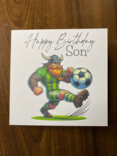 Load image into Gallery viewer, Son Birthday card, Birthday card for Son, Birthday card, Football card, Green shirt and green shorts, white stripes, kit colours, Scottish
