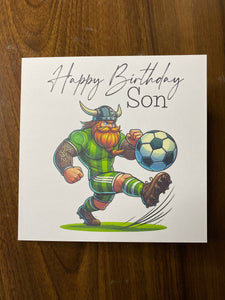 Son Birthday card, Birthday card for Son, Birthday card, Football card, Green shirt and green shorts, white stripes, kit colours, Scottish