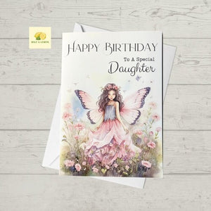 Daughter Birthday card, birthday card for a Daughter, daughter card, featuring a girl dressed as a Fairy with pink flowers, gift,