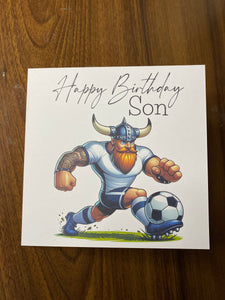 Son Birthday card, Birthday card for Son, Birthday card, Football card, White shirt with navy trim and navy shorts, team colours