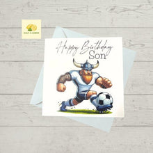 Load image into Gallery viewer, Son Birthday card, Birthday card for Son, Birthday card, Football card, White shirt with navy trim and navy shorts, team colours
