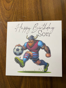 Son Birthday card, Birthday card for Son, Birthday card, Football card, claret and sky blue shirt, Purple shirt with blue sleeves,