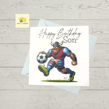 Load image into Gallery viewer, Son Birthday card, Birthday card for Son, Birthday card, Football card, claret and sky blue shirt, Purple shirt with blue sleeves,
