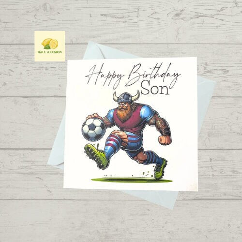 Son Birthday card, Birthday card for Son, Birthday card, Football card, claret and sky blue shirt, Purple shirt with blue sleeves,