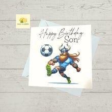 Load image into Gallery viewer, Son Birthday card, Birthday card for Son, Birthday card, Football card, Blue shirt, black shorts, team colours,
