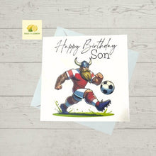 Load image into Gallery viewer, Son Birthday card, Birthday card for Son, Birthday card, Football card, Red shirt with white sleeves, white shorts, kit colours,
