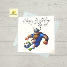 Load image into Gallery viewer, Son Birthday card, Birthday card for Son, Birthday card, Football card, Blue shirt, blue shorts with white socks, kit colours,
