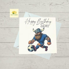 Load image into Gallery viewer, Son Birthday card, Birthday card for Son, Birthday card, Football card, Blue shirt, blue shorts with blue socks, kit colours, Scottish
