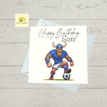 Load image into Gallery viewer, Son Birthday card, Birthday card for Son, Birthday card, Football card, Blue shirt with red trim, white shorts, kit colours, Scottish
