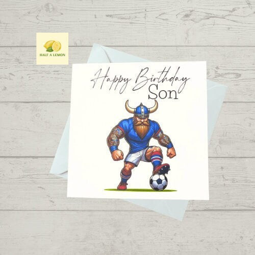 Son Birthday card, Birthday card for Son, Birthday card, Football card, Blue shirt with red trim, white shorts, kit colours, Scottish