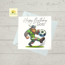 Load image into Gallery viewer, Son Birthday card, Birthday card for Son, Birthday card, Football card, Green shirt and green shorts, white stripes, kit colours, Scottish
