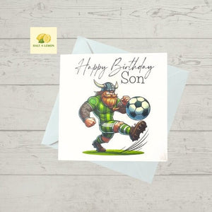 Son Birthday card, Birthday card for Son, Birthday card, Football card, Green shirt and green shorts, white stripes, kit colours, Scottish