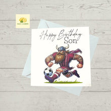 Load image into Gallery viewer, Son Birthday card, Birthday card for Son, Birthday card, Football card, Maroon shirt and shorts with white stripes, kit colours, Scottish
