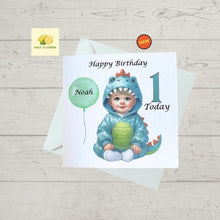 Load image into Gallery viewer, First Birthday card for a boy, 1st birthday card for a boy, personalised, dinosaur birthday card, gift,
