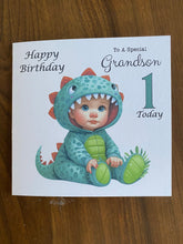 Load image into Gallery viewer, First Birthday card for Grandson, 1st birthday card for Grandson, dinosaur birthday card, Grandson Birthday card, gift,
