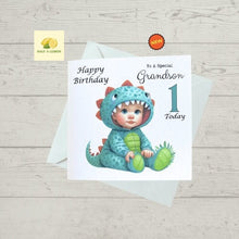 Load image into Gallery viewer, First Birthday card for Grandson, 1st birthday card for Grandson, dinosaur birthday card, Grandson Birthday card, gift,
