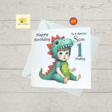 Load image into Gallery viewer, First Birthday card for Son, 1st birthday card for Son, dinosaur birthday card, Son Birthday card, gift,
