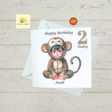 Load image into Gallery viewer, Birthday card for a boy, 2nd birthday card for a boy, Personalised, Little Monkey birthday card, Second,  gift
