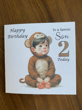 Load image into Gallery viewer, Son Card, Son Birthday card, Birthday card, 2nd birthday card for a boy, Cheeky Little Monkey, birthday card, Second,  gift
