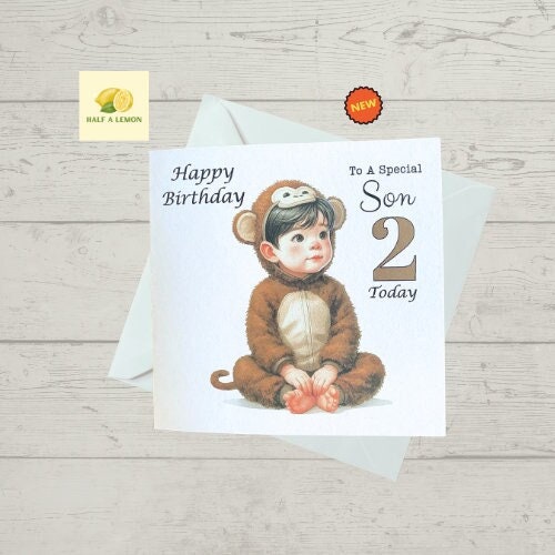 Son Card, Son Birthday card, Birthday card, 2nd birthday card for a boy, Cheeky Little Monkey, birthday card, Second,  gift