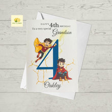 Load image into Gallery viewer, Grandson Superhero Birthday card, Personalise with name and age Birthday card for Grandson, 3rd, 4th, 5th, 6th, 7th, 8th, 9th, 10th
