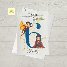 Load image into Gallery viewer, Grandson Superhero Birthday card, Personalise with name and age Birthday card for Grandson, 3rd, 4th, 5th, 6th, 7th, 8th, 9th, 10th
