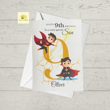 Load image into Gallery viewer, Son Birthday card, personalised card for Son, Superhero birthday card, choose age and add name, 3rd, 4th, 5th, 6th, 7th, 8th, 9th, 10th
