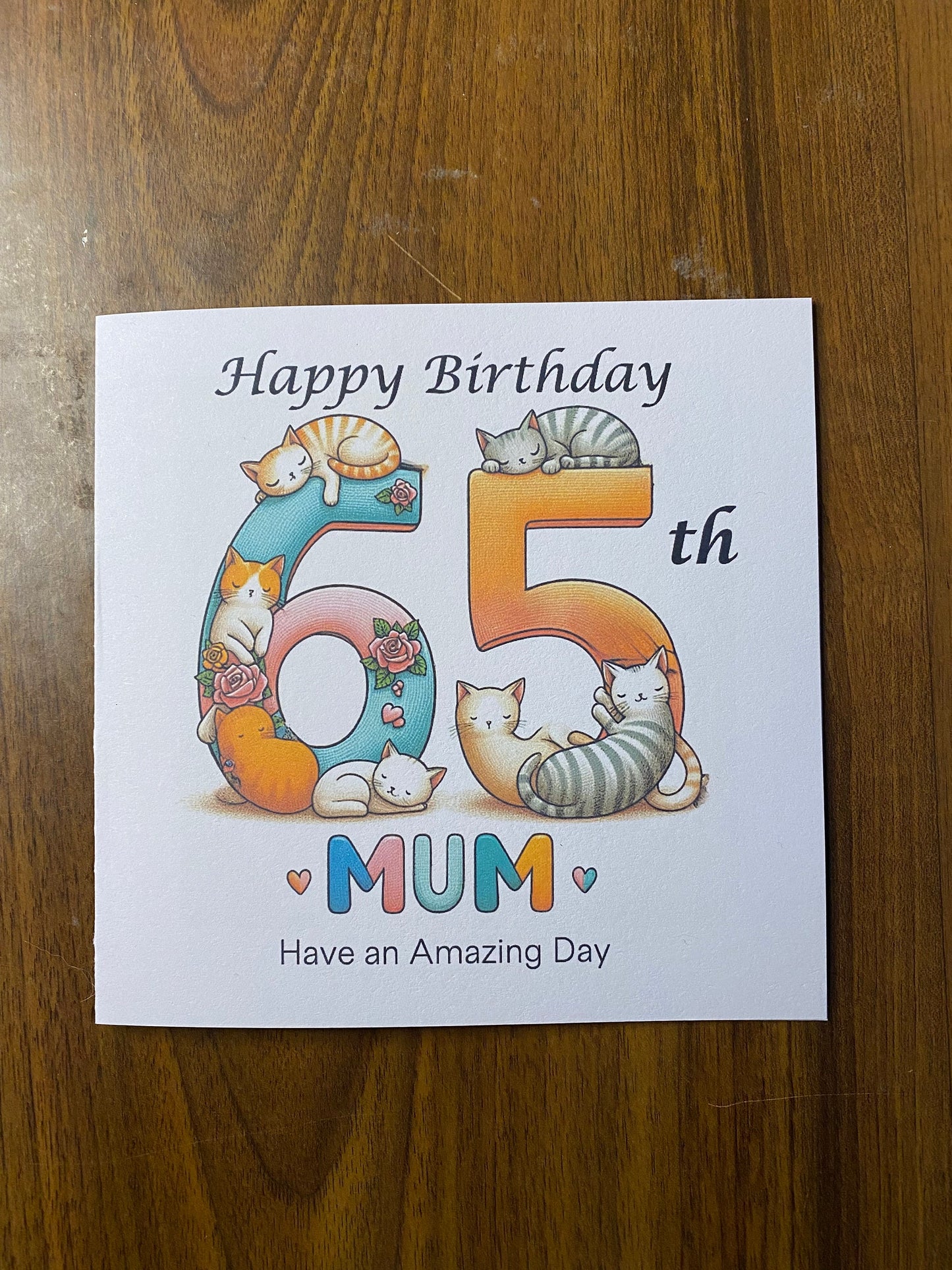 65th Birthday card for Mum, Mum Birthday card, Birthday card, the number 65 with cute cats wrapped around the numbers, gift, Cat card,