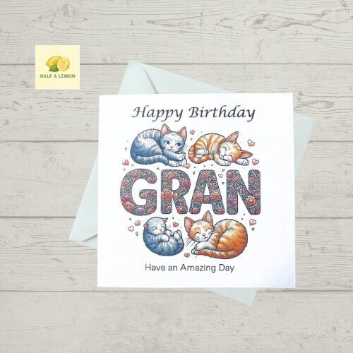 Birthday card for Gran, Gran Birthday card, Birthday card, with cute cats curled up around the word Gran, gift, Cat card,