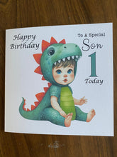 Load image into Gallery viewer, First Birthday card for Son, 1st birthday card for Son, dinosaur birthday card, Son Birthday card, gift,
