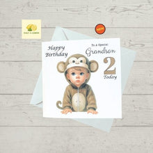 Load image into Gallery viewer, Grandson Card, Grandson Birthday card, Birthday card, 2nd birthday card for a boy, Cheeky Little Monkey, birthday card, Second, gift
