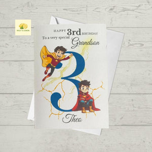 Grandson Superhero Birthday card, Personalise with name and age Birthday card for Grandson, 3rd, 4th, 5th, 6th, 7th, 8th, 9th, 10th