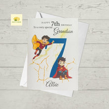 Load image into Gallery viewer, Grandson Superhero Birthday card, Personalise with name and age Birthday card for Grandson, 3rd, 4th, 5th, 6th, 7th, 8th, 9th, 10th
