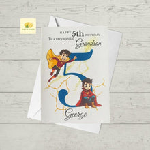 Load image into Gallery viewer, Grandson Superhero Birthday card, Personalise with name and age Birthday card for Grandson, 3rd, 4th, 5th, 6th, 7th, 8th, 9th, 10th
