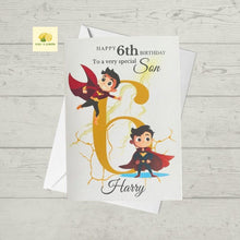 Load image into Gallery viewer, Son Birthday card, personalised card for Son, Superhero birthday card, choose age and add name, 3rd, 4th, 5th, 6th, 7th, 8th, 9th, 10th
