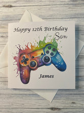 Load image into Gallery viewer, Son Personalised Birthday Card featuring a Video Games Controller in bright vivid design, Add ANY AGE and name, gift, Son Birthday card,
